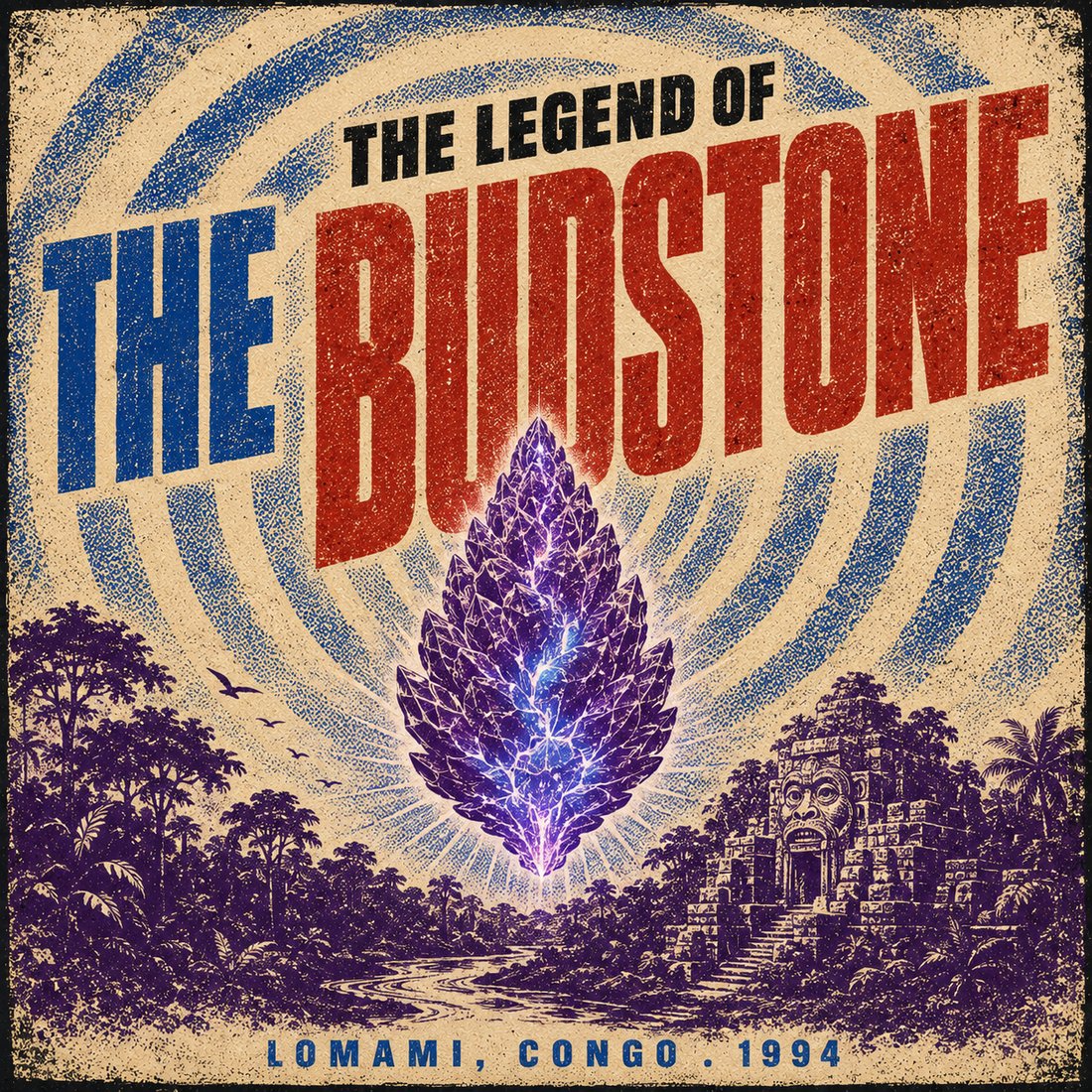 The Legend of The Budstone title artwork: a glowing violet crystalline bud above a Congolese rainforest and the Temple of the Monkey King