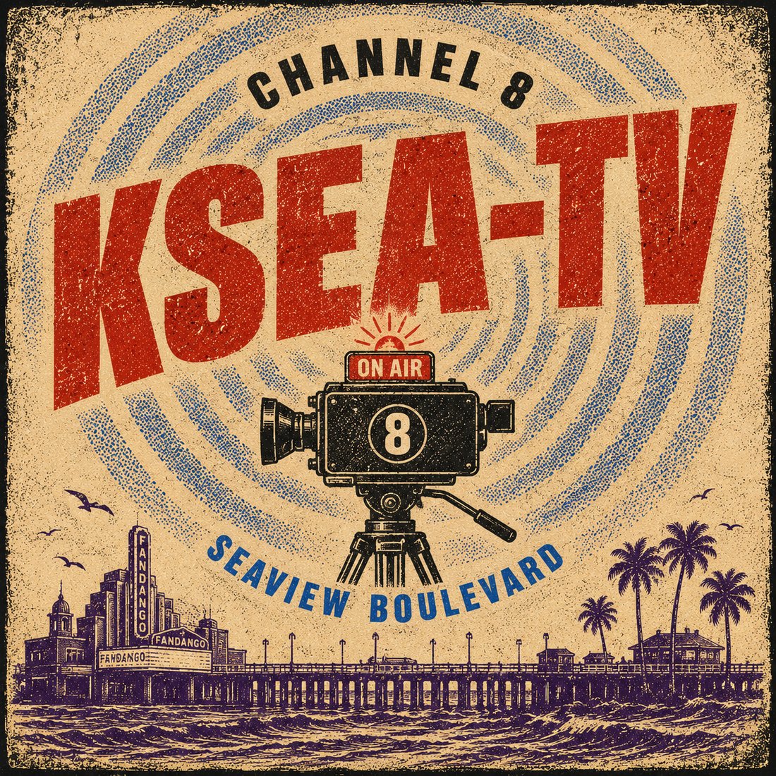 KSEA-TV Channel 8 station logo, a vintage broadcast camera over the Seaview Boulevard pier and Fandango Theatre