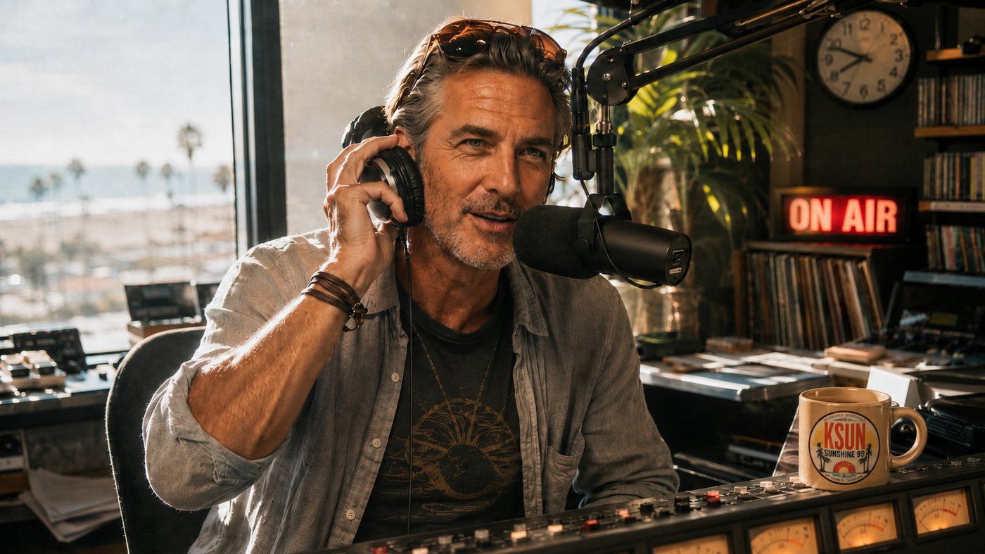 Raving Roy Brennan broadcasting live from the KSUN studio overlooking the Santa Monica shoreline