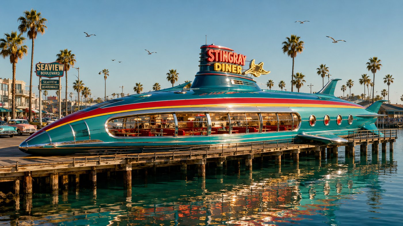 The Stingray Diner: a gleaming teal retro submarine restaurant on Seaview Wharf with a neon sign and red leather booths inside