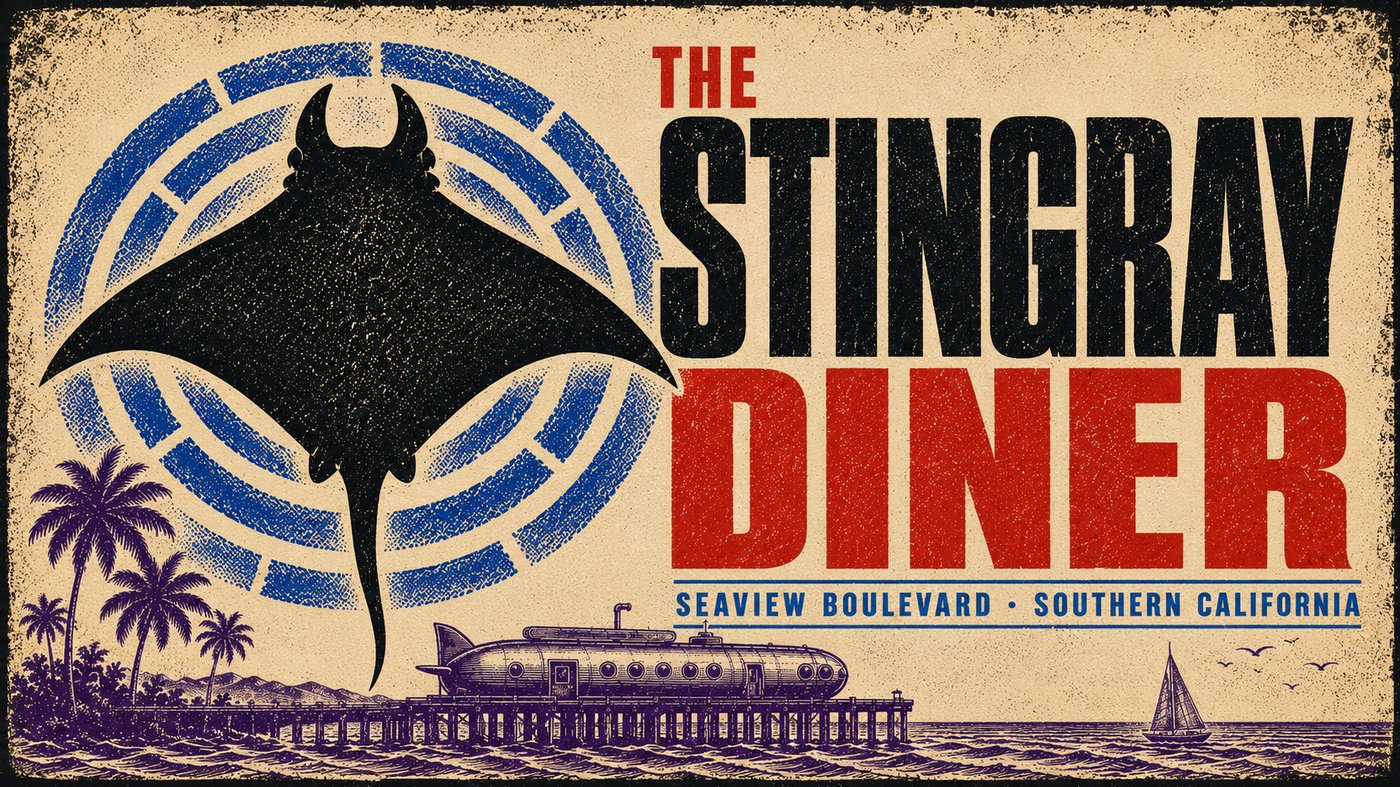 The Stingray Diner logo: a black stingray over a blue dial, Seaview Boulevard, Southern California