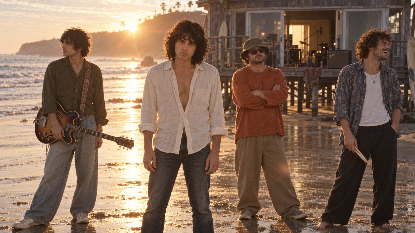 Storm Riders band photo on the beach at sunset beside their stilt-house studio