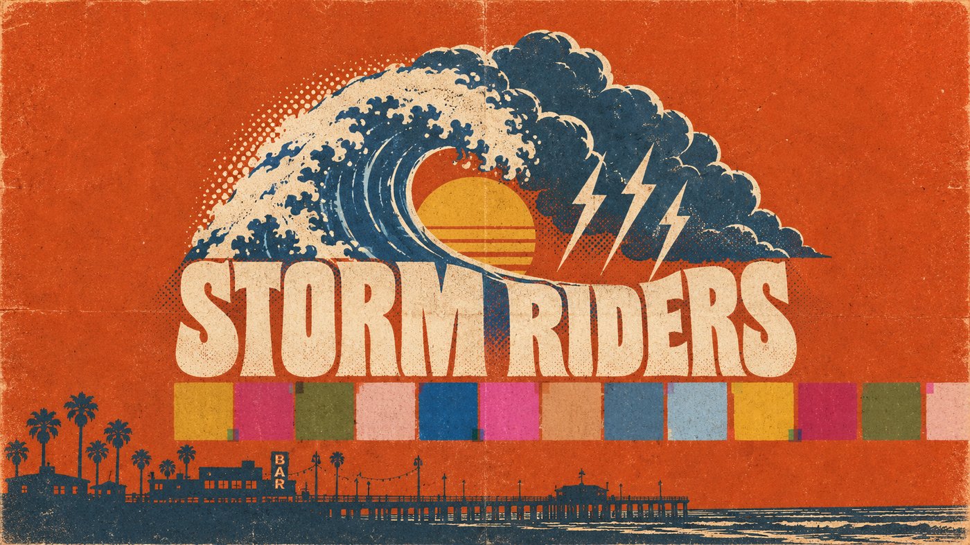 Storm Riders band logo: a crashing wave over a stormy sunset above the Seaview pier